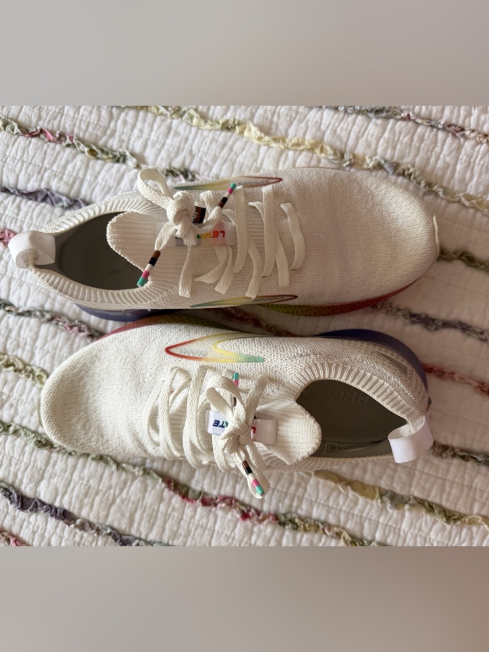 BROOKS….White Knit Lace-Up Sneakers with Rainbow Accent - Picture 4 of 6